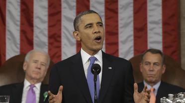 Barack Obama lors de son discours sur l'état de l'Union le 12 février 2013 à Washington. Au second plan: Joe Biden et John Boehner