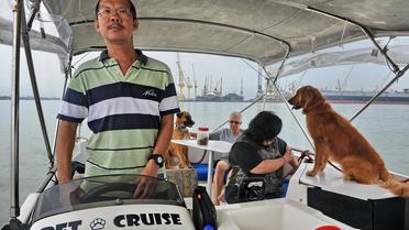 Joe Howe à la barre de son bateau servant au "Pet Cruise", une croisière pour chiens à Singapour, le 20 janvier 2013 [Roslan Rahman / AFP]