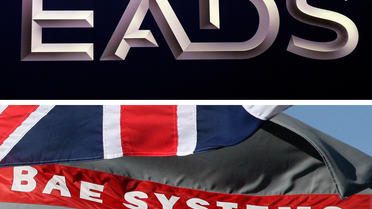 Montage photo avec le logo d'EADS et celui de BAE Systems à côté d'un drapeau britannique [Christof Stache / AFP/Archives]