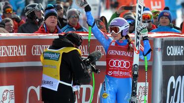 La Slovène Tina Maze fait un geste le 24 février 2013 à Méribel après avoir remporté la 1ère manche du super combiné [Jean-Pierre Clatot / AFP]
