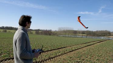 Un drone fabriqué par une start-up française photographie les champs pour en mesurer l'état, le 19 février 2013 [Alain Jocard / AFP]