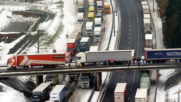 Des camions bloqués sur l'autoroute sur l'autoroute A1, dans le nord de la France, le 13 mars 2013 [Philippe Huguen / AFP]