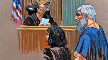 Un croquis d'audience du prêcheur islamiste radical Abou Hamza devant un juge, le 6 octobre 2012 à New York [Christine Cornell / AFP]