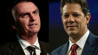 Combinaison des portraits des candidats à la présidentielle brésilienne: Jair Bolsonaro (g) à Sao Paulo, le 18 juin 2018 et Fernando Haddad (d) à Rio de Janeiro, le 4 octobre 2018 [Miguel SCHINCARIOL, Daniel RAMALHO / AFP/Archives]