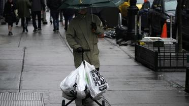 Un homme marche avec un chariot de sacs en plastique contenant ses courses le 28 février 2020 à Manhattan [TIMOTHY A. CLARY / AFP]