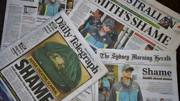 Unes de journaux australiens sur le scandale de balle trafiquée dans le cricket, le 26 mars 2018 à Sydney [Peter PARKS / AFP]