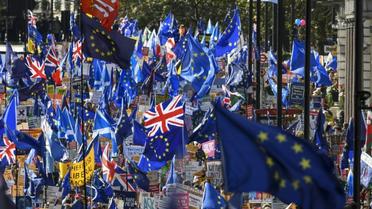 Des manifestants agitent des drapeaux britanniques et européens, le 19 octobre 2019 à Londres [Niklas HALLE'N / AFP]