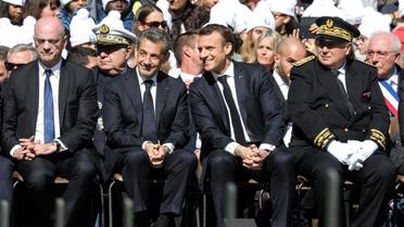 De gauche à droite: Jean-Michel Blanquer, Nicolas Sarkozy, Emmanuel Macron et le préfet de Savoie Pierre Lambert lors de la cérémonie d'hommage aux résistants des Glières, le 31 mars 2019 à Thônes [ludovic MARIN / POOL/AFP]