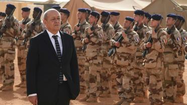 Le ministre de la Défense, Jean-Yves Le Drian lors d'une revue de troupes, le 2 janvier 2015, à Gao au nord du Mali. [DOMINIQUE FAGET / AFP/Archives]