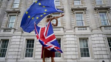 Un manifestant anti-Brexit fait tournoyer des drapeaux européen et britannique lors d'une manifestation à Londres le 31 août 2019   [Niklas HALLE'N / AFP]