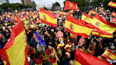 Des manifestants de droite et d'extrême droite réunis le 10 février 2019 place Colon à Madrid contre le Premier ministre socialiste Pedro Sanchez [OSCAR DEL POZO / AFP]