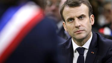 Emmanuel Macron lors du grand débat à Grand Bourgtheroulde le 15 janvier 2019 [Ludovic MARIN / POOL/AFP/Archives]