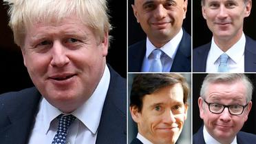 Cette mosaïque d'images montre les cinq candidats encore en lice pour devenir le chef du parti conservateur britannique, qui deviendra également Premier ministre: le favori Boris Johnson (à gauche), Sajid Javid (au centre en haut), Jeremy Hunt (en haut à droite), Rory Stewart (au centre en bas) et Michael Gove (en bas à droite). [STF / AFP]