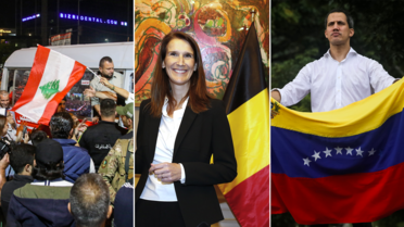 De gauche à droite les manifestations au Liban, Sophie Wilmes la Première ministre belge et Juan Guaido président autoproclamé du Venezuela