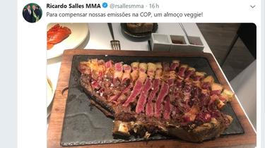 «Pour compenser nos émissions à la COP, un déjeuner végétarien !», a écrit de façon provocatrice Ricardo Salles en commentaire de son tweet. 