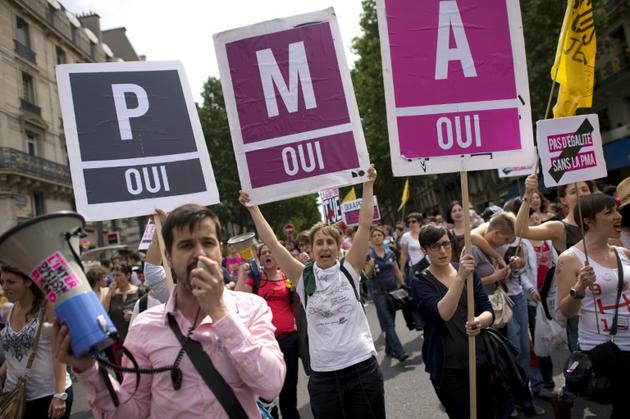 Des supporteurs de l'ouverture de la PMA à toutes les femmes, lors de la Gay Pride le 29 juin 2013 à Paris [LIONEL BONAVENTURE / AFP/Archives]
