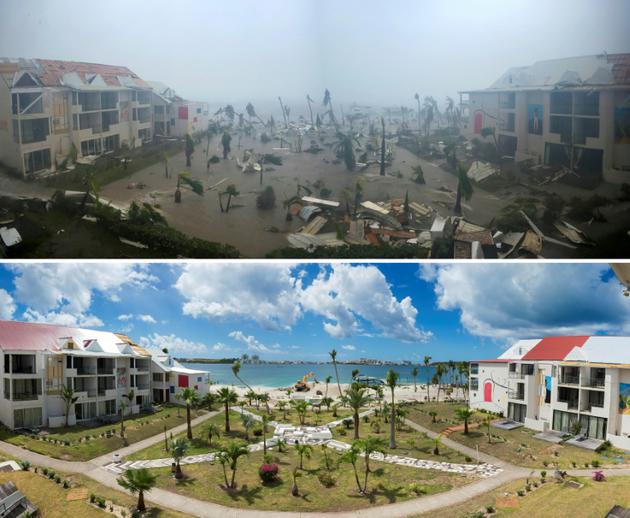 Hôtel Mercure à Marigot sur l'île de Saint-Martin, après le passage d'Irma le 6 septembre 2017 (en haut) et le 28 février 2018 (en bas) pendant la recontruction [LIONEL CHAMOISEAU / AFP/Archives]