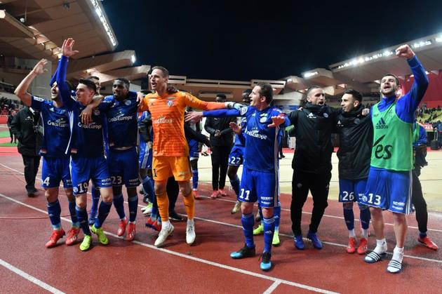 Les joueurs de Strasbourg lors de leur victoire à Monaco en 21e journée de L1 le 19 janvier 2019 [YANN COATSALIOU / AFP]