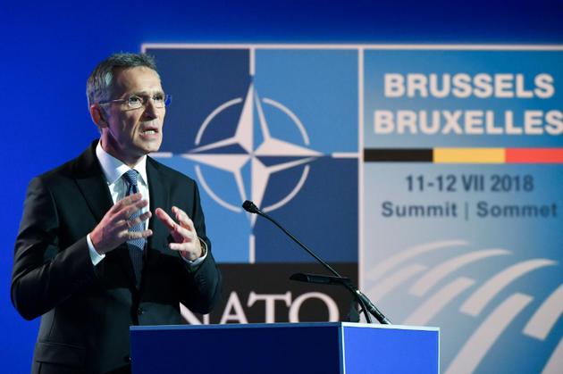 Le secrétaire général de l'Otan Jens Stoltenberg s'adresse à la presse, le 10 juillet 2018 à Bruxelles, à la veille d'un sommet de l'Alliance atlantique [Emmanuel DUNAND / AFP]