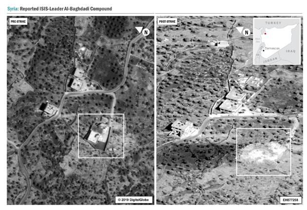 Cette image diffusée par le Pentagone montre le complexe en Syrie où se cachait Abou Bakr al-Baghdadi avant et après sa destruction par les forces américaines. [HO / US Department of Defense/AFP]