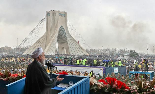 Photo transmise par la présidence iranienne du chef de l'Etat Hassan Rohani lors d'un discours à Téhéran, le 11 février 2019, à l'occasion des commémorations du 40e anniversaire de la Révolution islamique [HO / Iranian Presidency/AFP]