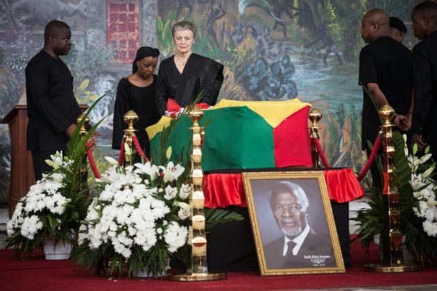 Nane Maria, la veuve de Kofi Annan, lors de la cérémonie de funérailles nationales de l'ancien secrétaire général des Nations unies, le 12 septembre 2018 à Accra, au Ghana. [Ruth McDowall / AFP]
