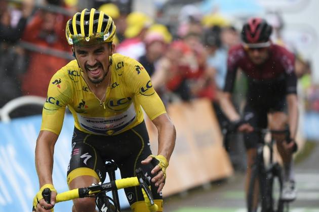 Le porteur du maillot jaune, le Français Julian Alaphilippe, à l'arrivée de la 15e étape du Tour de France, le 21 juillet 2019 à  Foix Prat d'Albis  [JEFF PACHOUD / AFP]