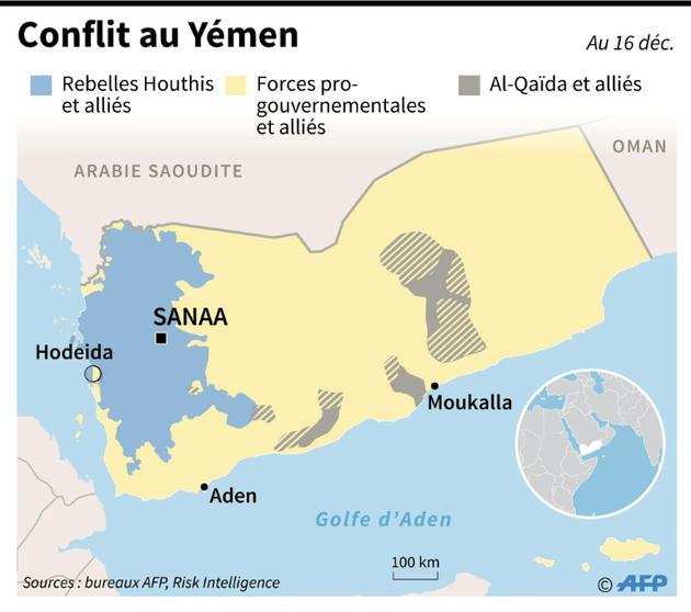 Carte montrant le contrôle des territoires au Yémen au 16 décembre 2018 [ / AFP]
