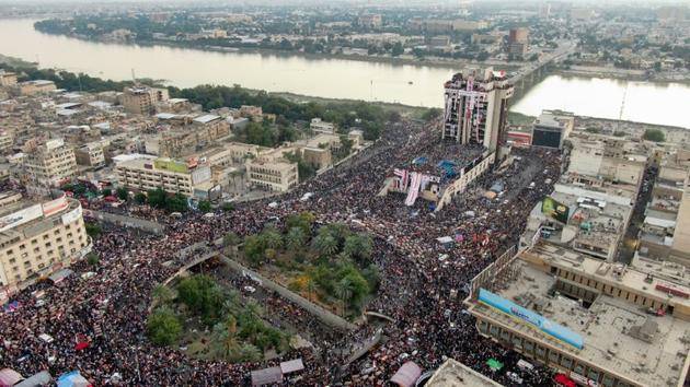 vue aérienne d'un rassemblement contre le gouvernement irakien, place Tahrir, à Bagdad, le 2 novembre 2019en [- / AFP]