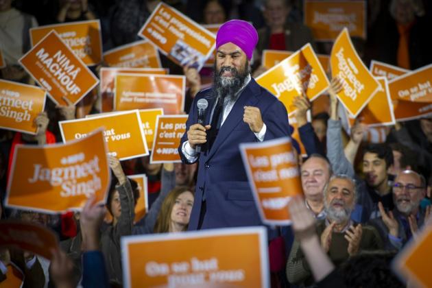 Le leader du Nouveau parti démocratique (NPD), Jagmeet Singh, en meeting à Montréal le 16 octobre 2019 [Sebastien ST-JEAN / AFP]