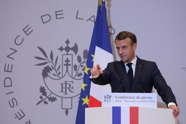 Le président français Emmanuel  Macron lors d'une conférence de presse à l'ambassade de France à Pékin le 6 novembre 2019 [Ludovic MARIN / AFP]