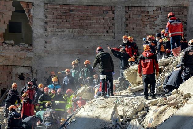 Des équipes de secours recherchent des survivants dans les décombres d'un immeuble après un puissant séisme à Elazig, le 25 janvier 2020 en Turquie [Ilyas AKENGIN / AFP]