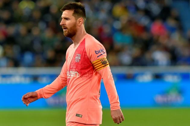 La star du FC Barcelone Lionel Messi, entré en cours de jeu sur le terrain du Deportivo Alaves, le 23 avril 2019 à Vitoria  [ANDER GILLENEA / AFP]