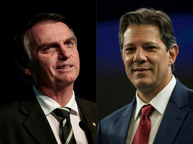 Ce montage réalisé le 8 octobre 2018 montre les deux candidats au lice au second tour de la présidentielle brésilienne: Jair Bolsonaro (à gauche) et Fernando Haddad (à droite) [Miguel SCHINCARIOL, Daniel RAMALHO / AFP]