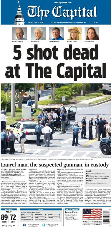 La "Une" du 29 juin du Capital Gazette [HO / TWITTER ACCOUNT OF THE CAPITAL GAZETTE/AFP]
