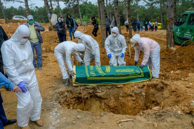 Des personnels funéraires en combinaison de protection enterrent une personne décédée du coronavirus en présence de la famille, le 21 mai 2020 à Istanbul, en Turquie [BULENT KILIC / AFP]