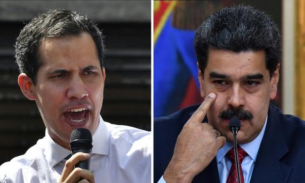 Photo montage créé le 25 janvier 2019 de Juan Guaido (g) qui s'est autoproclamé président du Venezuela et du président en titre Nicolas Maduro [Yuri CORTEZ / AFP]