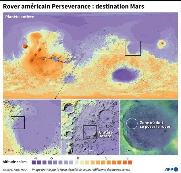 Carte topographique de Mars localisant la zone où doit se poser le Rover américain Perseverance [Simon MALFATTO / AFP]