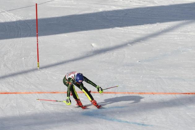 Mikaela Shiffrin franchit la ligne d'arrivée du slalom des Mondiaux d'Are, le 16 février 2019  [Jonathan NACKSTRAND / AFP]