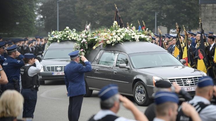 Cérémonie funèbre pour rendre hommage aux policières tuées dans une attaque revendiquée par l'EI à Liège, en Belgique, le 5 juin 2018 [YORICK JANSENS / BELGA/AFP]