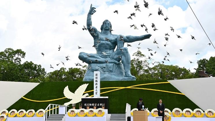 Cérémonie du 75e anniversaire de la bombe atomique de Nagasaki, le 9 août 2020 [JAPAN POOL VIA JIJI PRESS / JIJI PRESS/AFP]