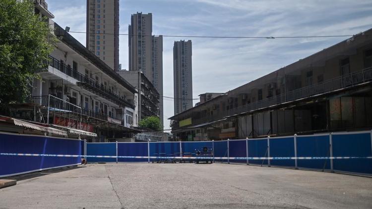 Le marché aux animaux de Wuhan est fermé depuis le 1er janvier et est désormais caché derrière une longue palissade bleue. 