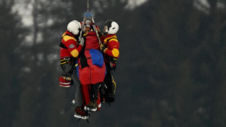 L'Américaine Lindsey Vonn, hélitreuillée à après sa violente chute lors du super-G des Mondiaux de ski alpin à Schladming, le 5 février 2013. [Fabrice Coffrini / AFP/Archives]