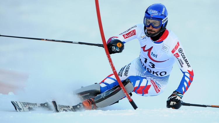 Le Français Jean-Baptiste Grange, champion du monde de slalom, le 18 février 2012 lors du slalom de Bansko (Bulgarie) [Samuel Kubani / AFP/Archives]