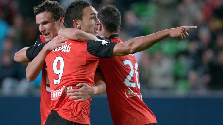 L'attaquant de Rennes Mevlut Erding célèbre l'un de ses deux buts inscrits contre Nancy en 16e de finale de la Coupe de la Ligue, le 25 septembre 2012. [Damien Meyer / AFP]