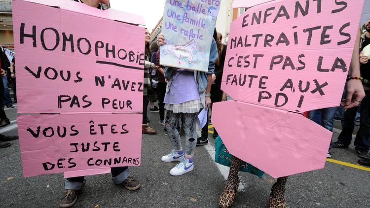 Pancartes en faveur du mariage et de l'adoption par les couples homosexuels, le 17 novembre 2012 à Paris [Pascal Pavani / AFP/Archives]