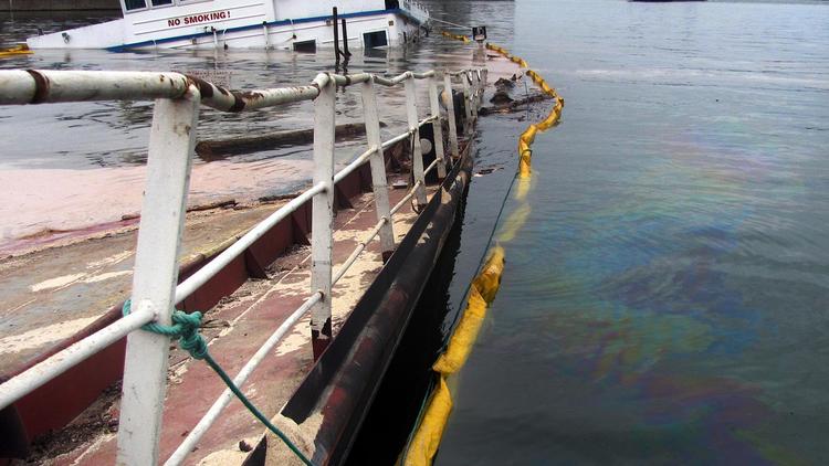 Des irisations apparaissent dans l'eau du Danube autour du navire qui a chaviré près du port de Roussé, le 20 novembre 2012 [ / AFP]