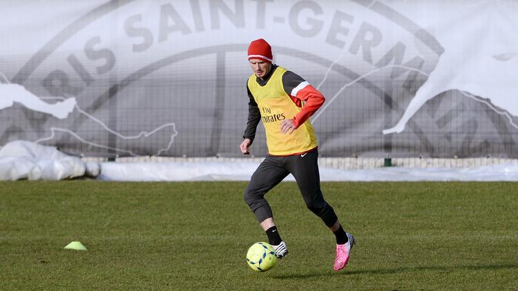 David Beckham participe le 13 février 2013 à un entraînement du PSG au Camp des Loges à Saint-Germain-en-Laye [Franck Fife / AFP/Archives]