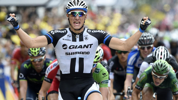 L'Allemand Marcel Kittel remporte sa deuxième étape du Tour de France 2014, et sa sixième au total.L'Allemand Marcel Kittel remporte sa deuxième étape du Tour de France 2014, et sa sixième au total.