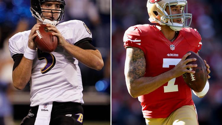 Un montage photo des deux quarterbacks qui vont disputer le Superbowl, Joe Flacco, des Ravens Baltimore (G) et Colin Kaepernick, des San Francisco 49ers [ / AFP/Getty Images]